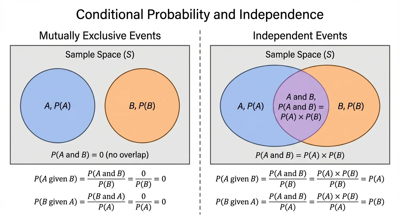 Side-by-side Venn-style comparison showing mutually exclusive events with no overlap and independent events with overlap sized to match product probabilities