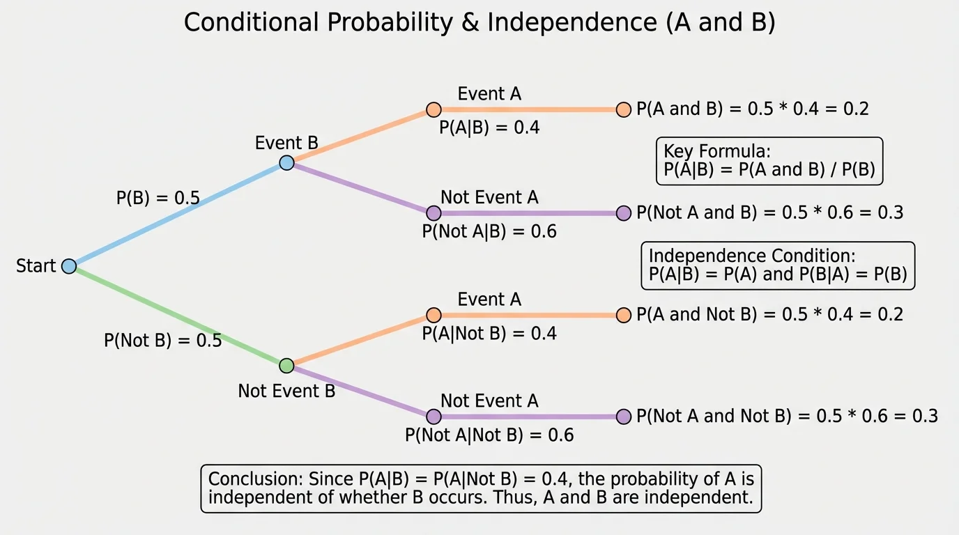 Probability tree comparing event A within event B and outside event B, with equal proportions of A in both branches to illustrate independence