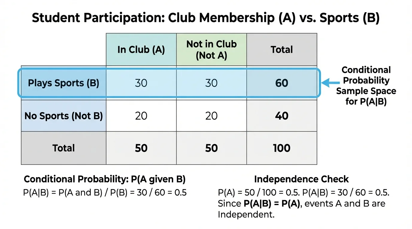 Two-way table of students by club membership and sports participation, with the sports row highlighted to show how only athletes form the sample space for conditional probability