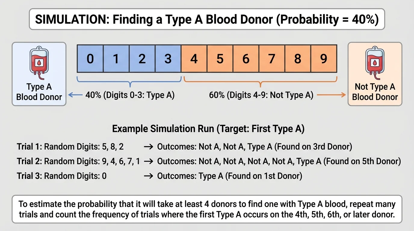 chart showing digits 0 to 3 labeled type A and digits 4 to 9 labeled not type A for a 40 percent simulation