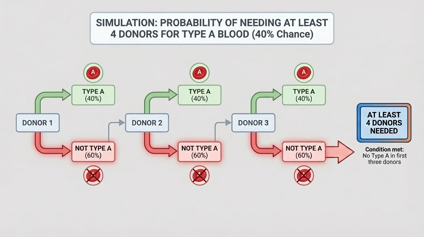 flowchart of donor 1 donor 2 donor 3 donor 4 with branches type A or not type A, highlighting that first three not type A means at least 4 donors are needed