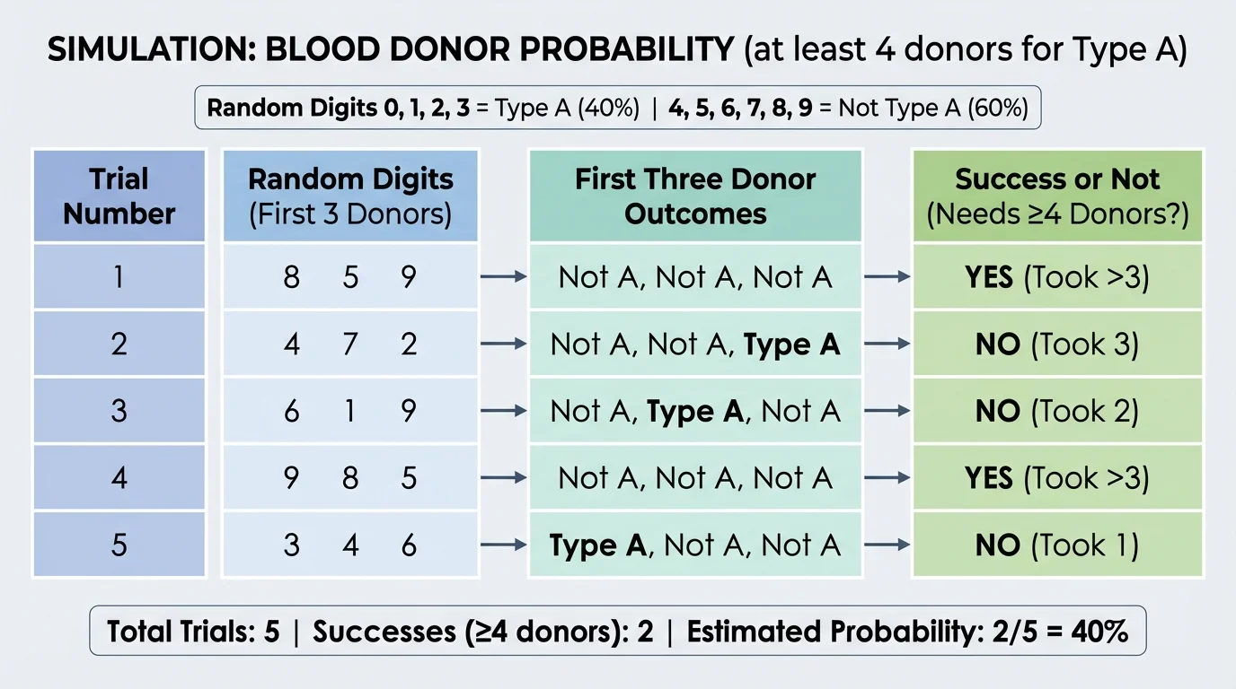 chart with columns for trial number random digits first three donor outcomes and success or not for the blood donor simulation