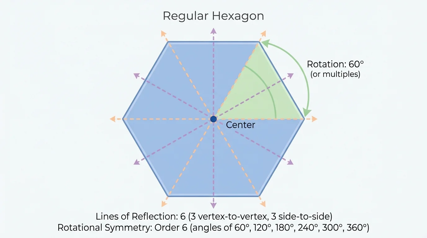 Regular hexagon with center marked, several symmetry lines drawn, and one central rotation sector indicated