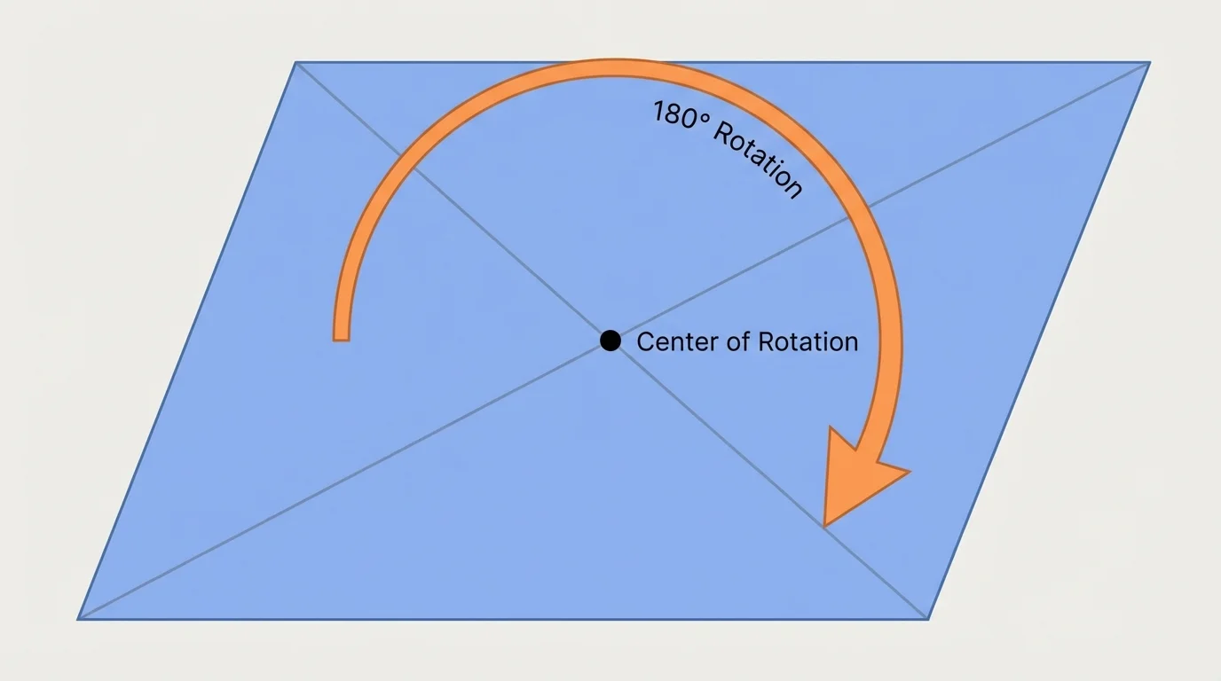 Slanted parallelogram with diagonals drawn, center marked at their intersection, and a curved arrow indicating a 180-degree rotation