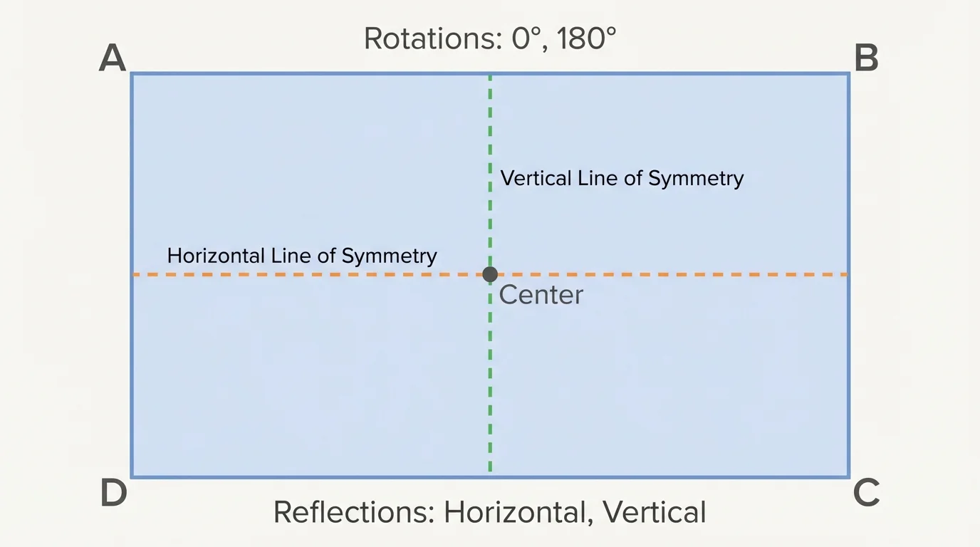Rectangle with corners labeled, center marked, and horizontal and vertical lines of symmetry through the center