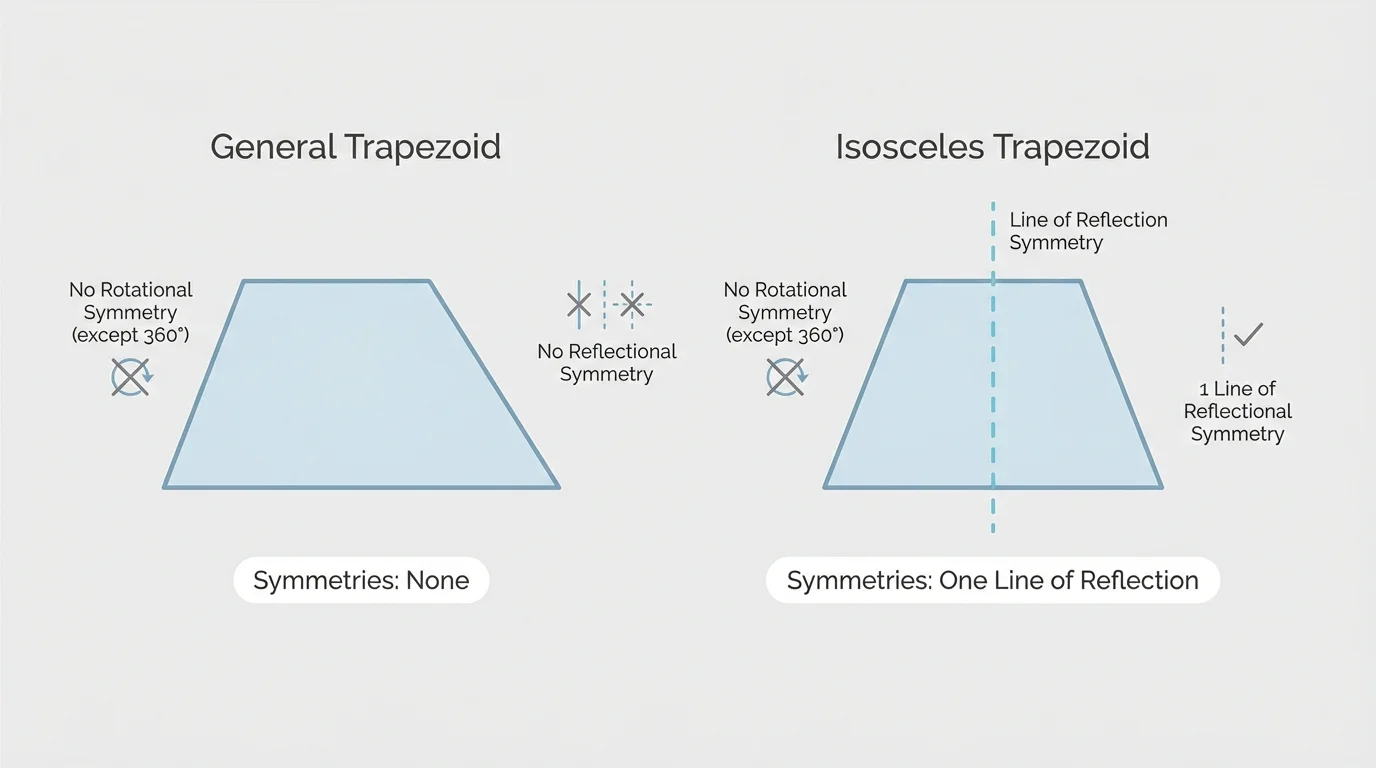 Two trapezoids side by side, one general trapezoid without symmetry and one isosceles trapezoid with a vertical line of symmetry through the midpoints of the bases
