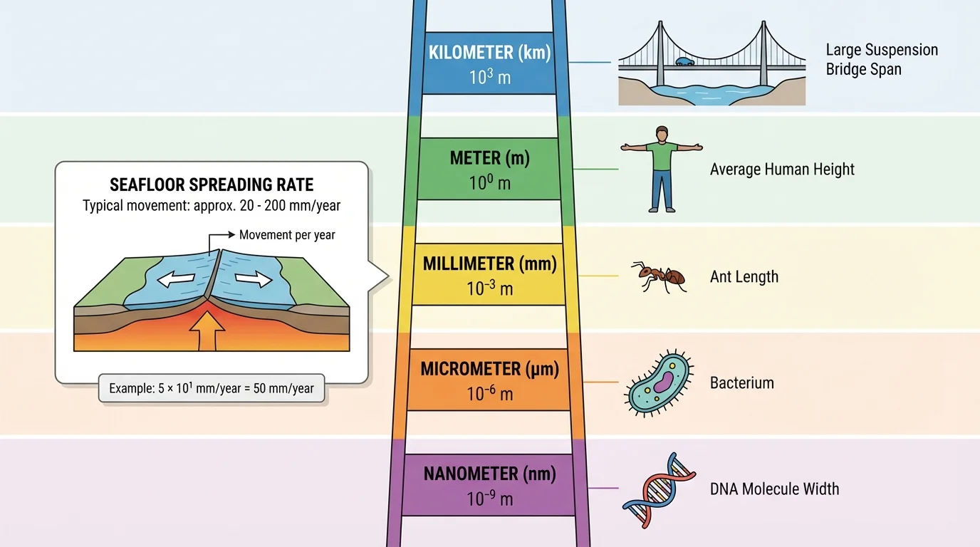 Measurement scale ladder from kilometer to meter to millimeter to micrometer to nanometer, with example objects and seafloor spreading labeled in millimeters per year