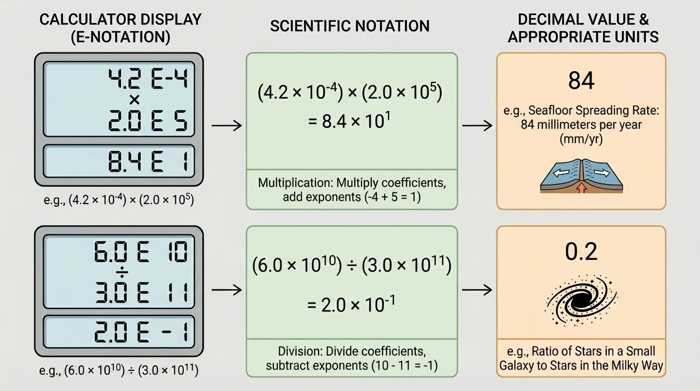 Calculator-style displays using E-notation, matched side-by-side with equivalent scientific notation and decimal values