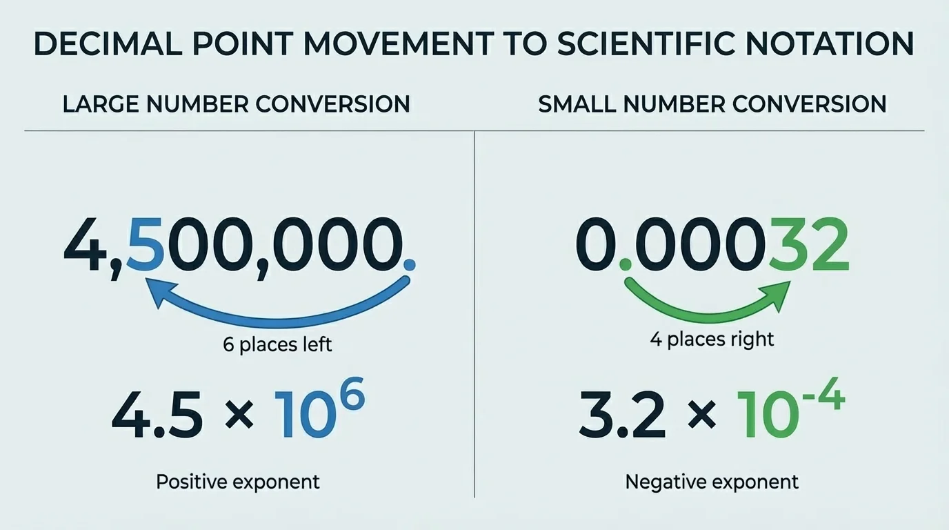 Decimal-point movement from large and small decimals into scientific notation with arrows, showing 4500000 becoming 4.5 × 10^6 and 0.00032 becoming 3.2 × 10^-4
