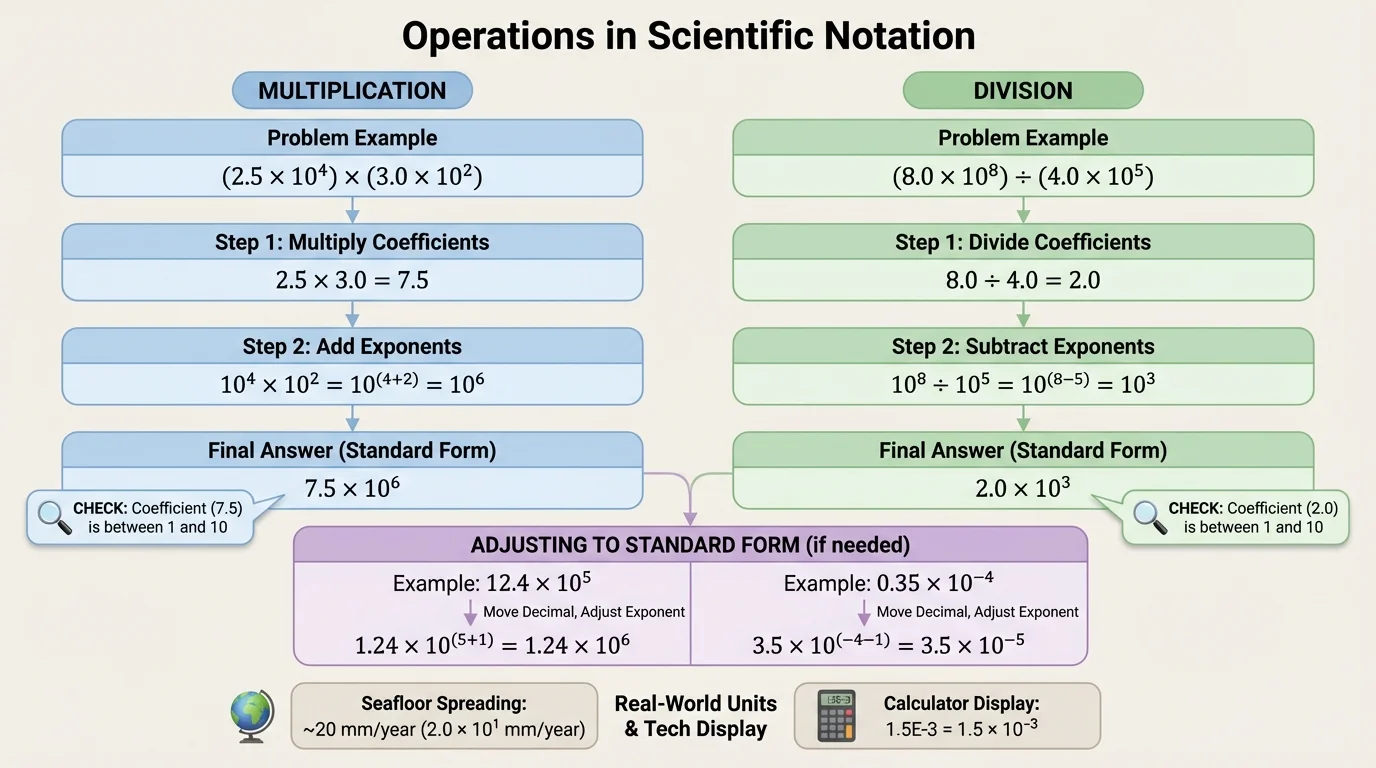 Step-by-step flowchart for multiplying and dividing in scientific notation, including adjust coefficient to between 1 and 10