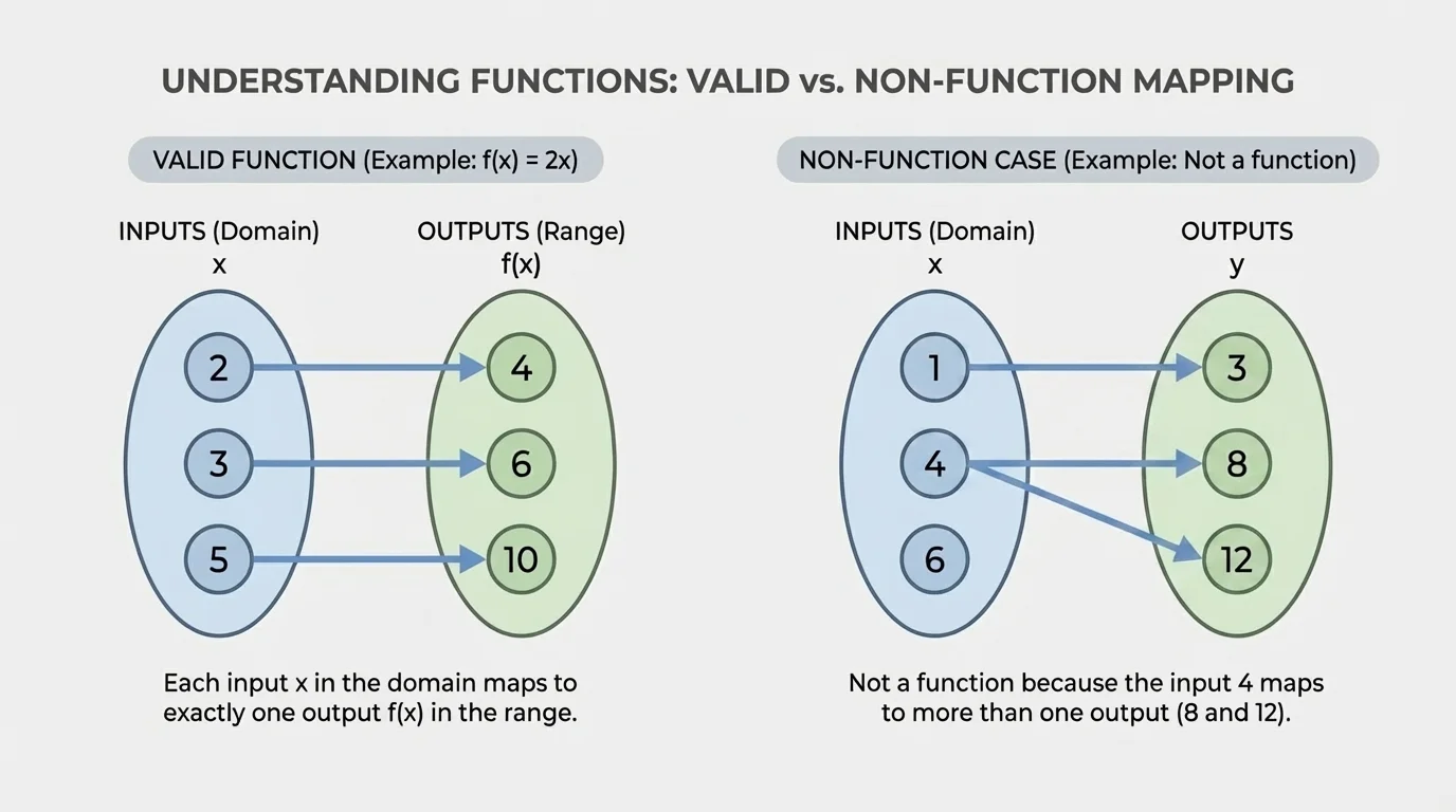mapping diagram with inputs on left and outputs on right, arrows showing one valid function where each input has one output and one non-function case where one input points to two outputs