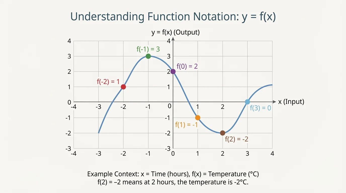 coordinate plane showing a simple function graph with several marked points at selected x-values so students can read outputs like f(2) and f(-1)