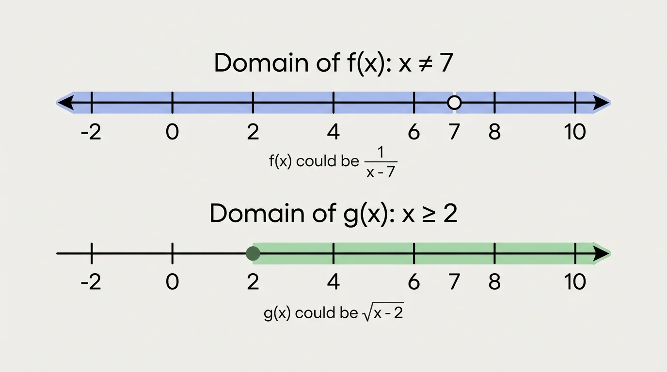 number line showing allowed and excluded inputs for a rational function with x not equal to 7 and a square-root function with x greater than or equal to 2