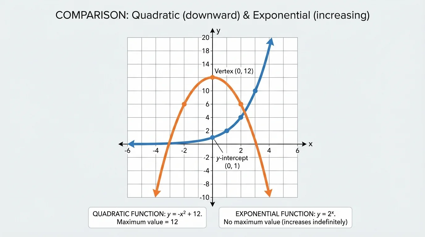 Coordinate plane with a downward-opening quadratic and an increasing exponential function on the same axes, marked vertex, y-intercepts, and clear numbered scale