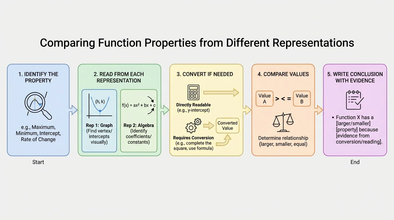 Flowchart with boxes labeled identify the property, read from each representation, convert if needed, compare values, and write a conclusion with evidence