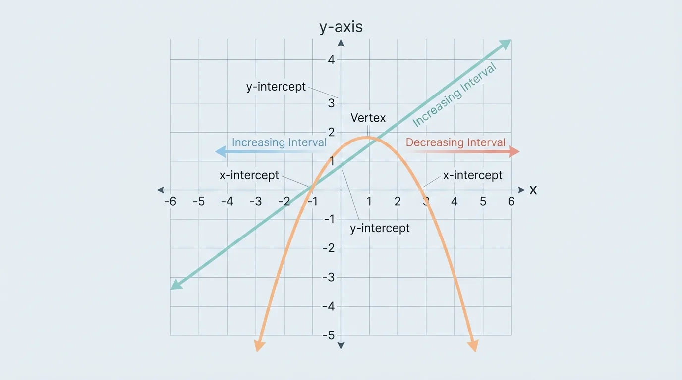 Coordinate plane showing a downward-opening parabola and an increasing line, with labels for x-intercept, y-intercept, vertex, and intervals where each function increases or decreases