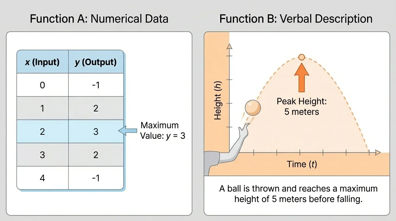 Side-by-side display with a table of x and y values forming a symmetric quadratic pattern, and a brief verbal scenario about a ball's height over time with arrows marking the peak