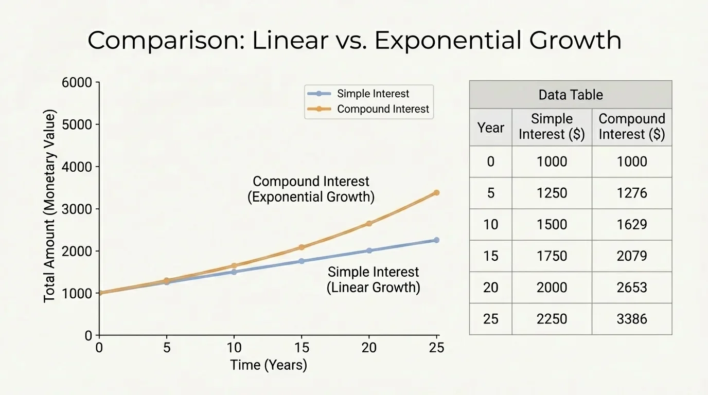 graph comparing simple interest line and compound interest curve over several years, starting together and separating later