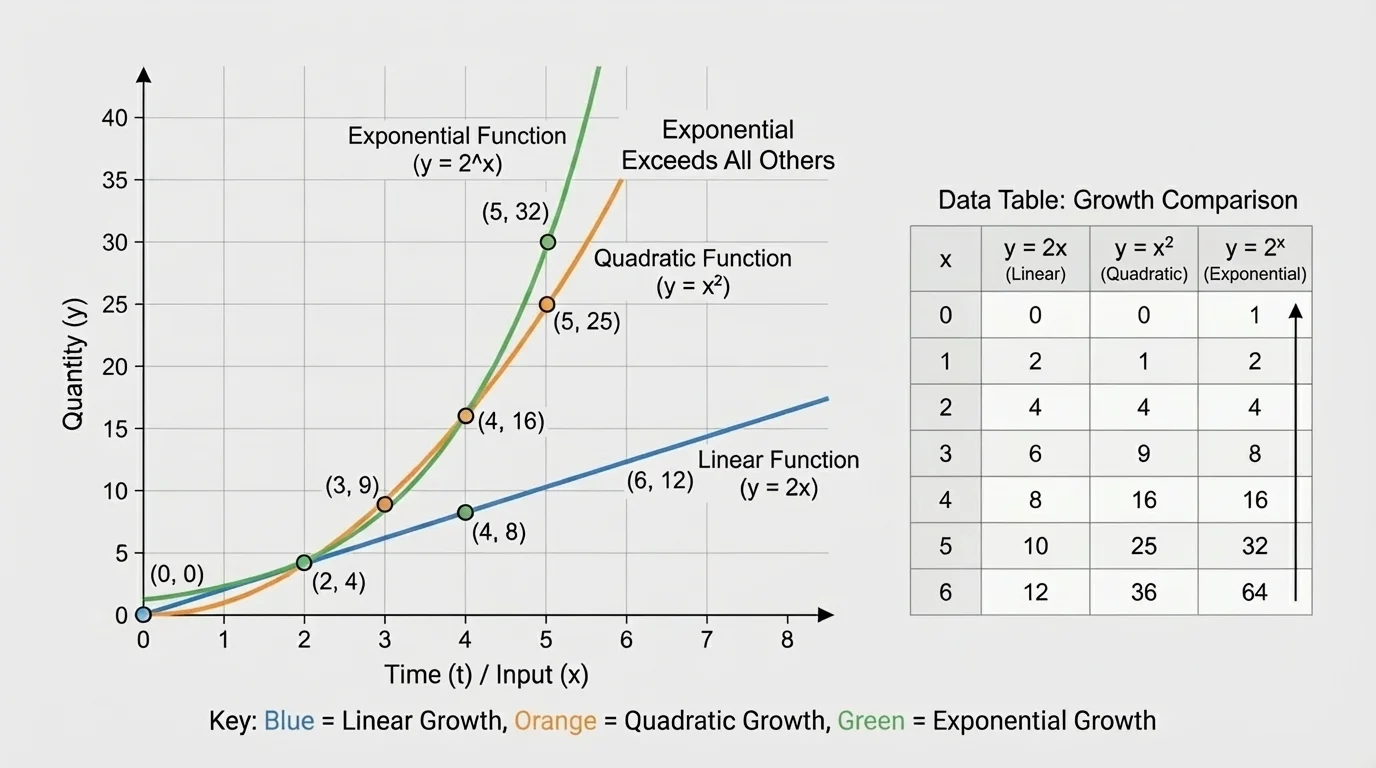 graph with a line, an upward-opening parabola, and an exponential curve on the same coordinate plane, with approximate intersection points marked