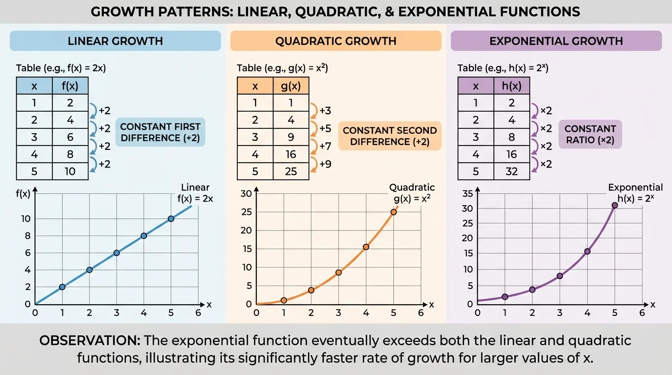 chart comparing three small data tables for linear, quadratic, and exponential functions with highlighted constant first difference, constant second difference, and constant ratio patterns