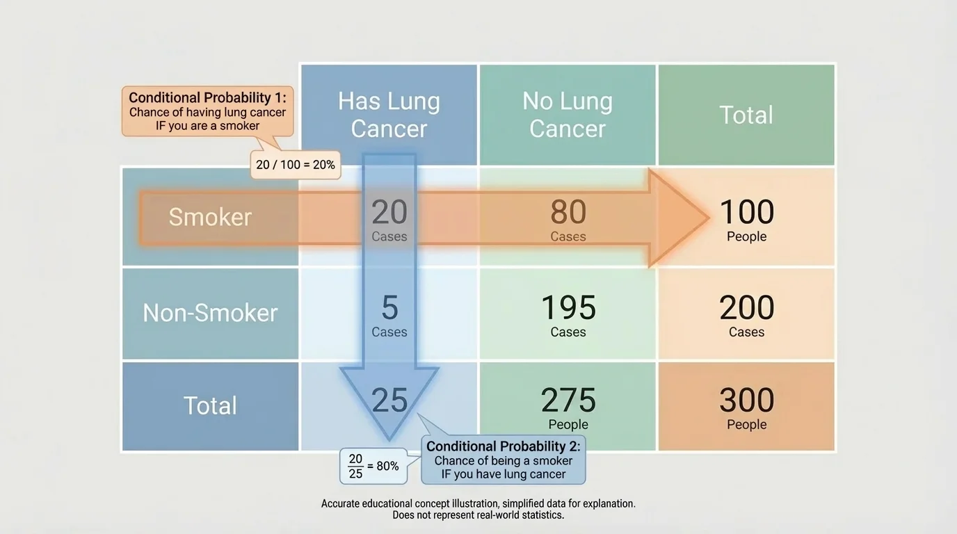 two-way table of smokers and non-smokers versus lung cancer and no lung cancer, with arrows highlighting the smoker row for one conditional probability and the lung cancer column for the reversed conditional probability