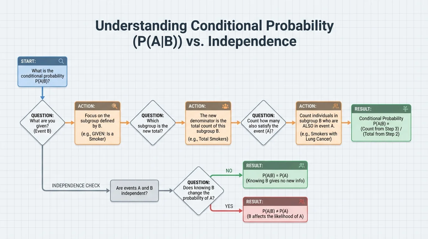decision flowchart for conditional probability with prompts such as "What are you given?", "Which subgroup is the new total?", and "Count how many also satisfy the event?"