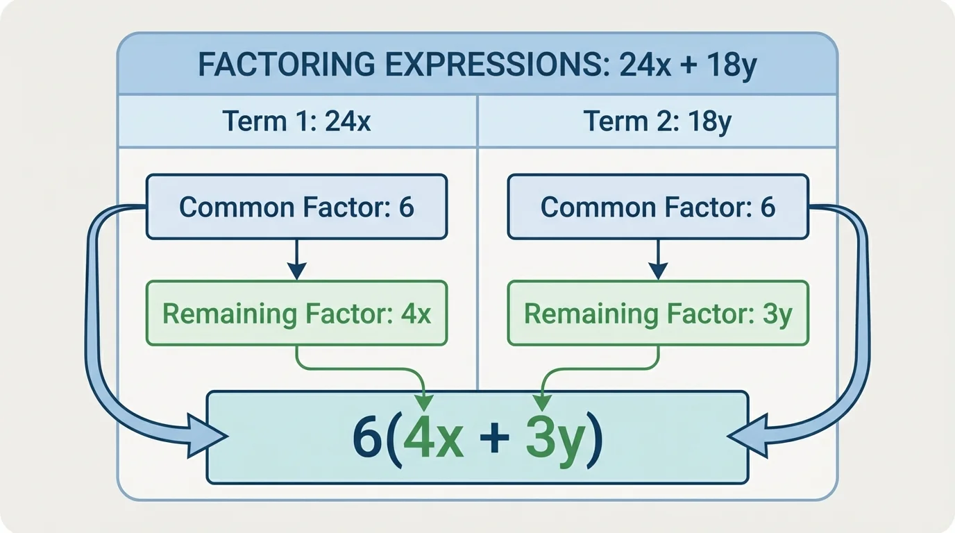 Two-column factor chart showing 24x as 6 times 4x and 18y as 6 times 3y, then combined into 6(4x+3y)