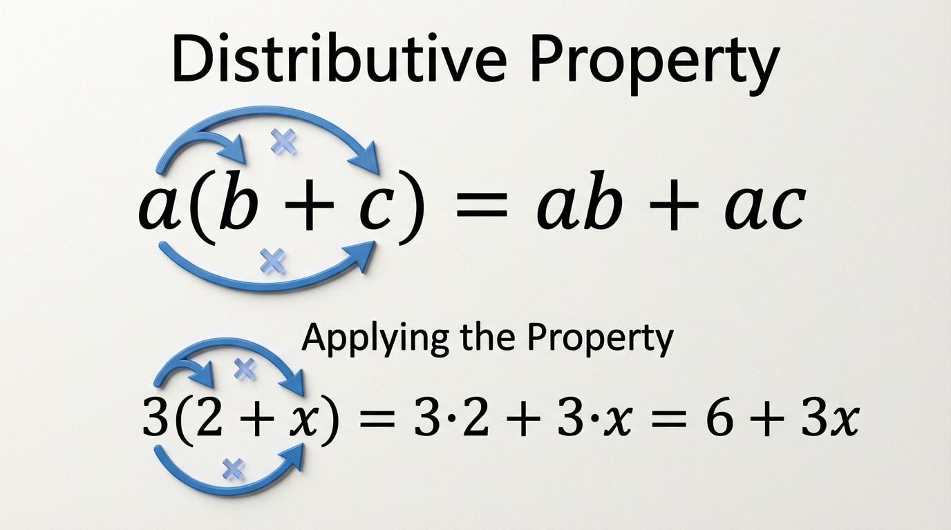Distributive property with arrows. Left side labeled a(b + c) with arrows from a to b and c. Right side shows ab + ac. Underneath, a specific example 3(2 + x) with arrows to 3·2 and 3·x, resulting in 6 + 3x.