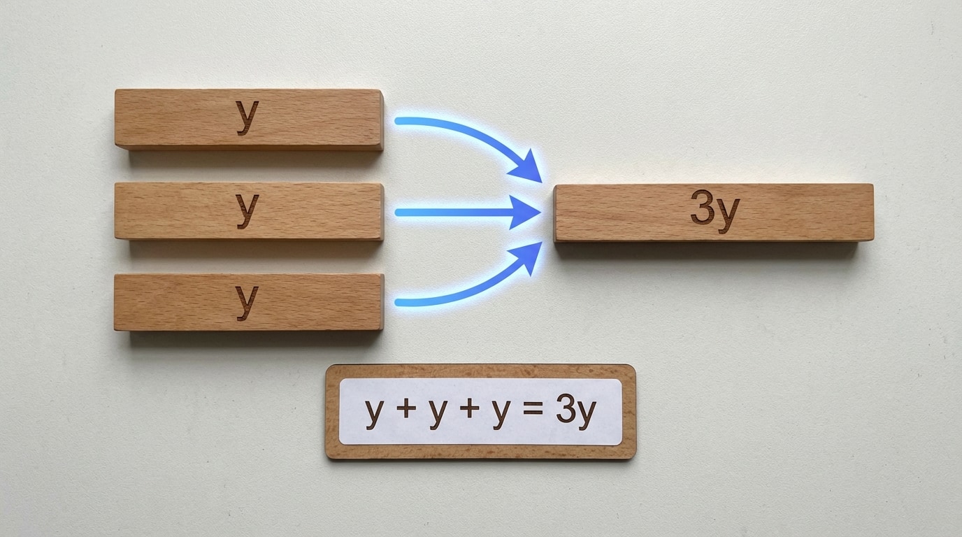 Three identical bars each labeled y being merged into one bar labeled 3y, with arrows showing the combination. A small note under it: y + y + y = 3y.