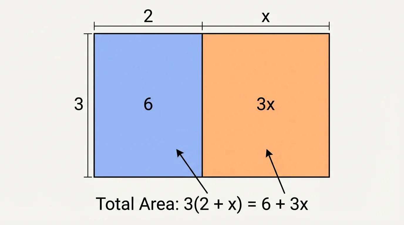 Rectangle split into widths 2 and x, height 3, showing partial areas 6 and 3x and total area represented by 3(2+x)