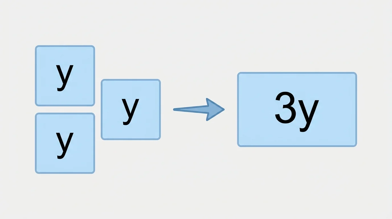 Three identical tiles labeled y grouped together into one combined set labeled 3y