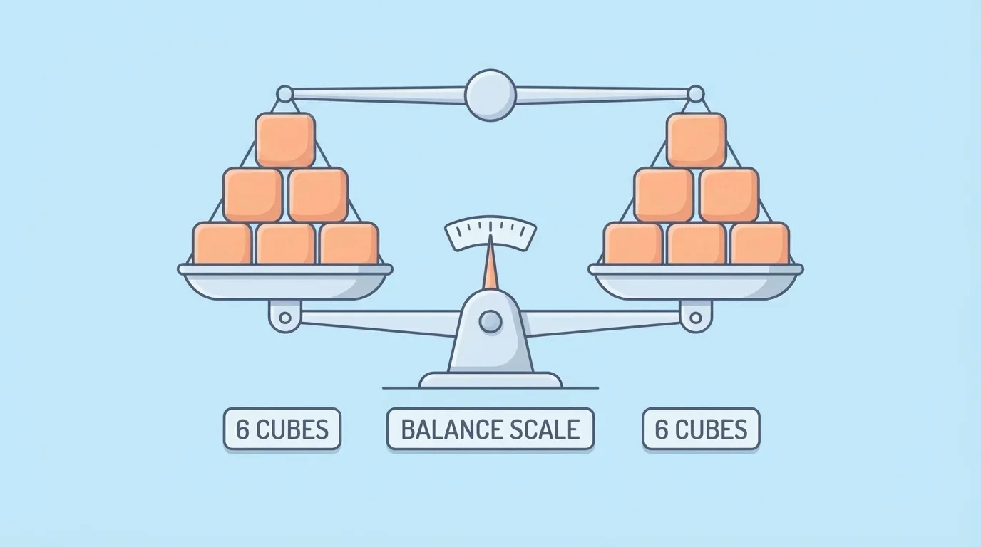 balance scale with 6 cubes on each side, showing equal amounts