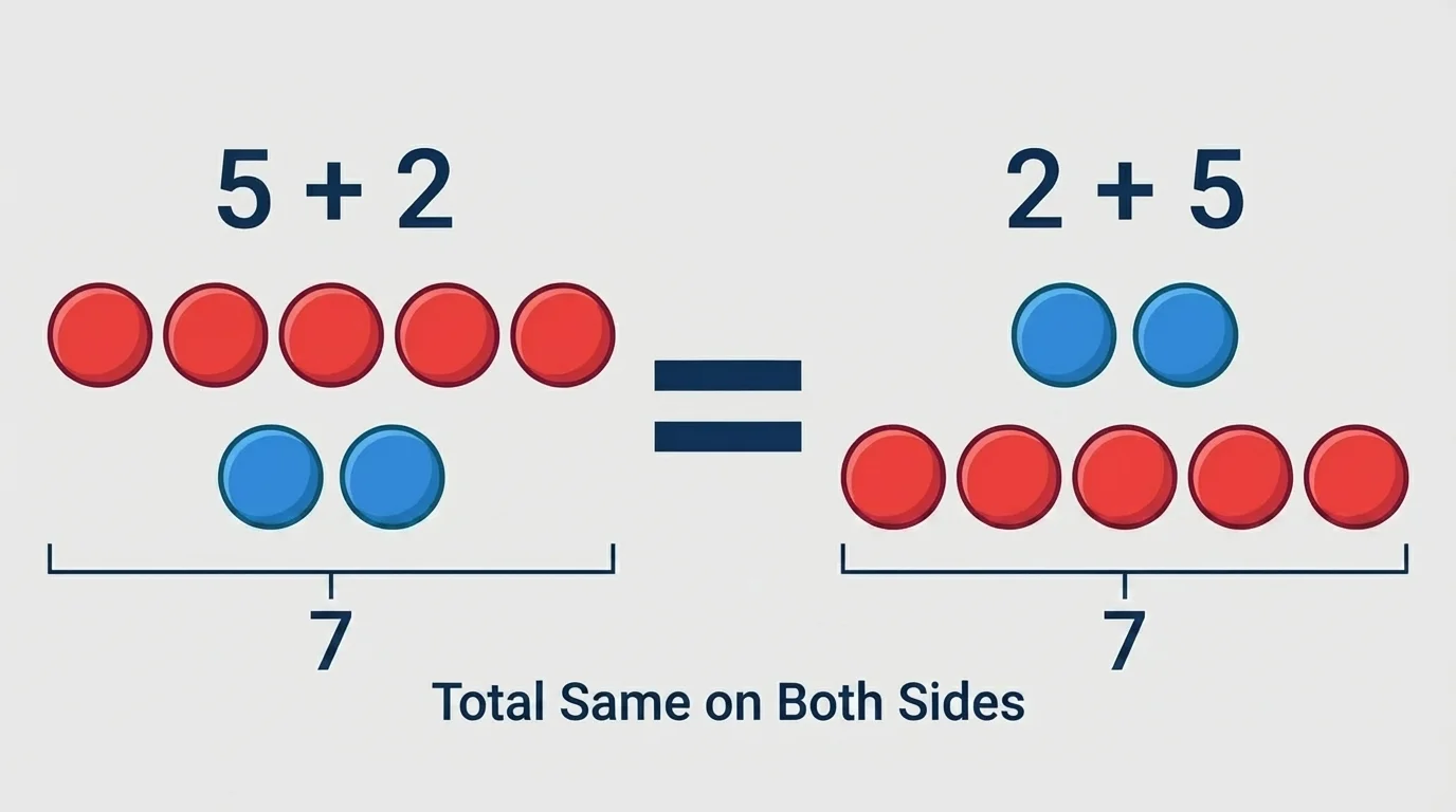 5 red counters and 2 blue counters compared with 2 blue counters and 5 red counters, total same on both sides
