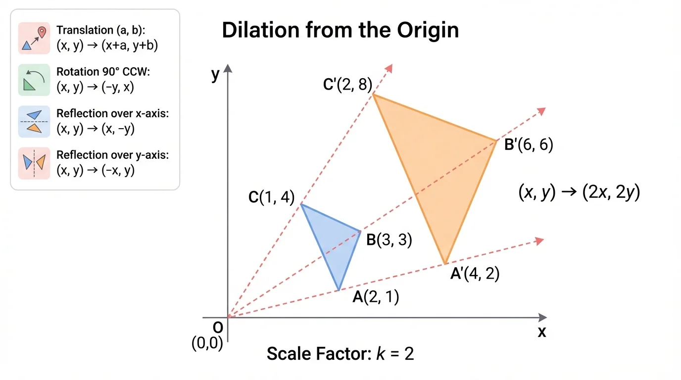 Coordinate plane with triangle and enlarged image from the origin, rays drawn from the origin through corresponding vertices to show dilation with scale factor 2
