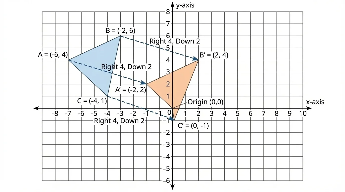 Coordinate plane with triangle ABC and translated image A'B'C', arrows showing each vertex moving right 4 units and down 2 units