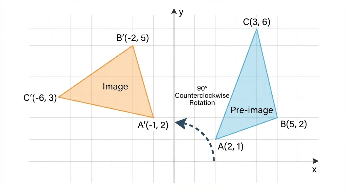 Coordinate plane with a shape before and after a 90-degree counterclockwise rotation about the origin, with a curved arrow centered at the origin