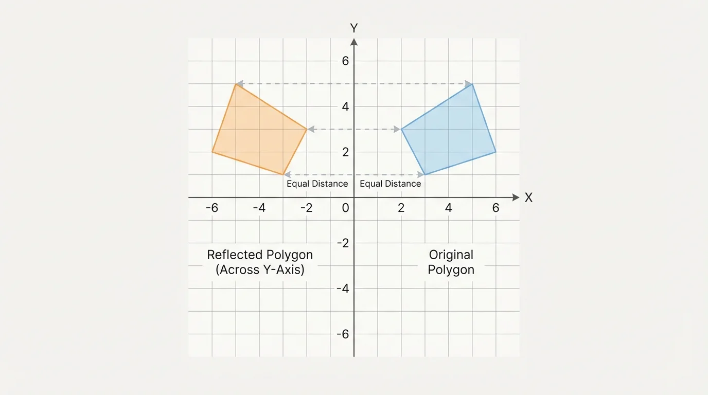 Coordinate plane with a polygon and its reflection across the y-axis, dashed segments from points to the axis showing equal distance on both sides