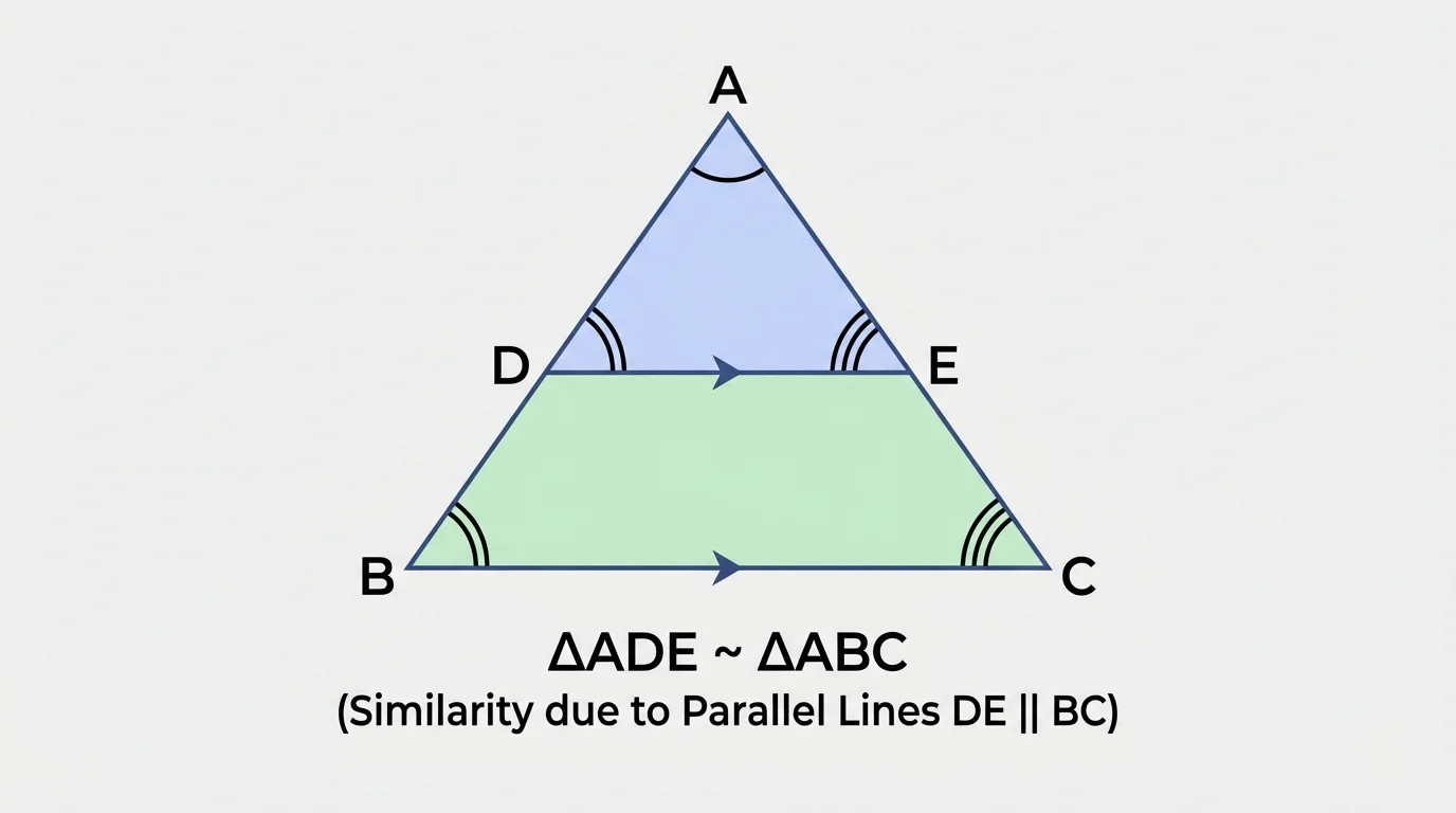 Large triangle with top vertex A and base BC, a segment DE parallel to BC connecting sides AB and AC, creating a smaller similar triangle ADE