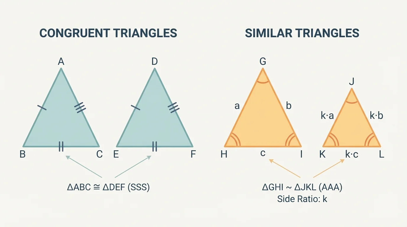 Two pairs of labeled triangles, one congruent pair with equal side markings and one similar pair with equal angles but proportional sides