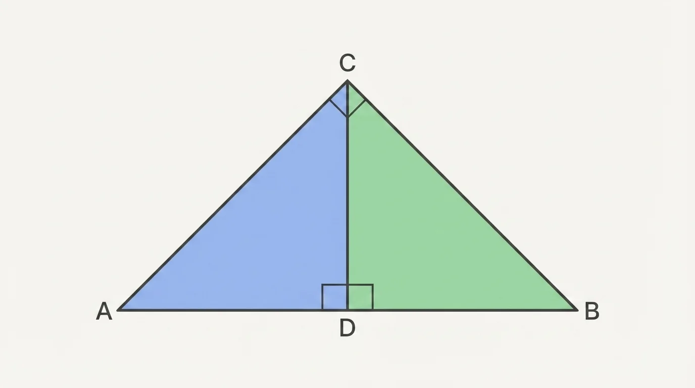 Right triangle ABC with right angle at C and altitude CD to hypotenuse AB, dividing AB into segments AD and DB, with the two smaller right triangles highlighted