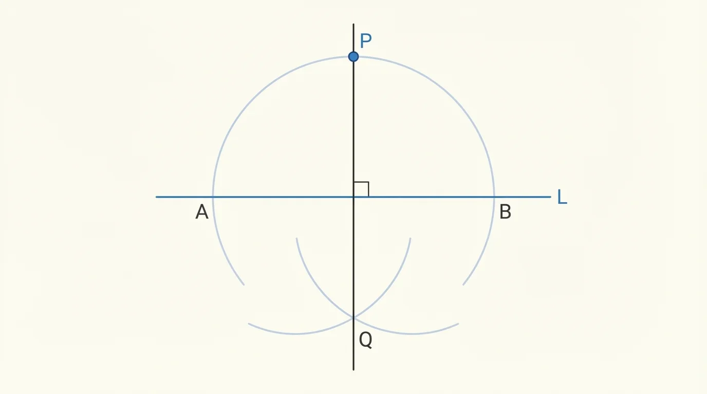 Line with an external point, two marked points on the line from an arc centered at the external point, and a constructed perpendicular through the external point
