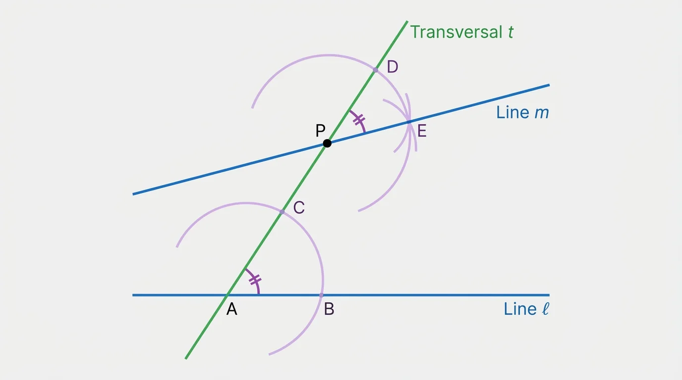 Given line and external point with a transversal-style angle copied at the point to create a parallel line