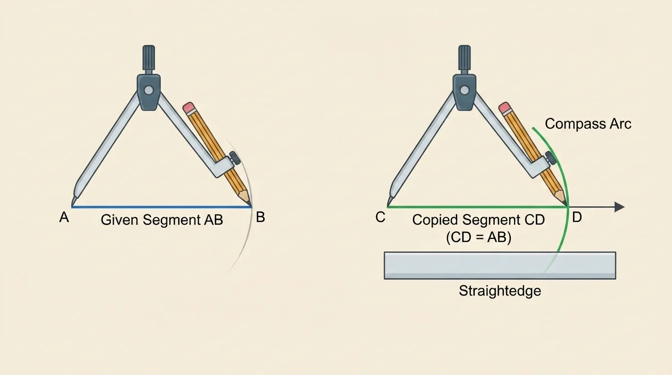 Geometric construction showing a given segment, a ray from a new endpoint, and a compass arc marking an equal copied segment