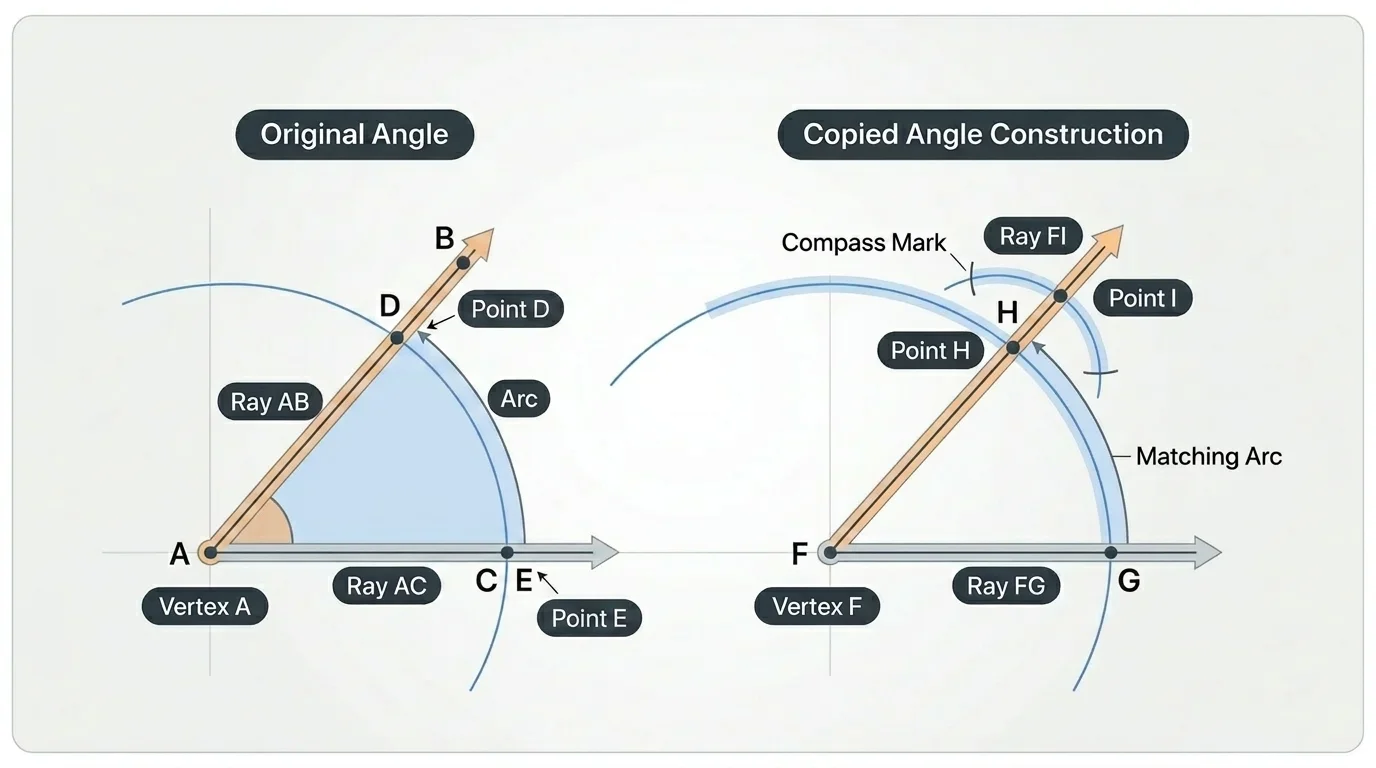 Construction diagram showing an original angle with an arc, a new ray with a matching arc, and compass marks locating the copied angle