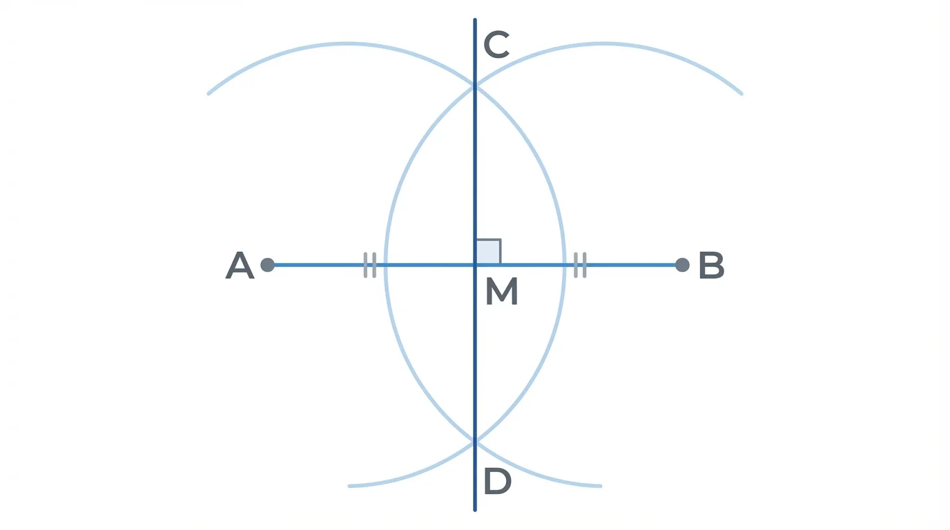 Segment with equal-radius arcs from both endpoints crossing above and below, with the line through intersections marking the midpoint