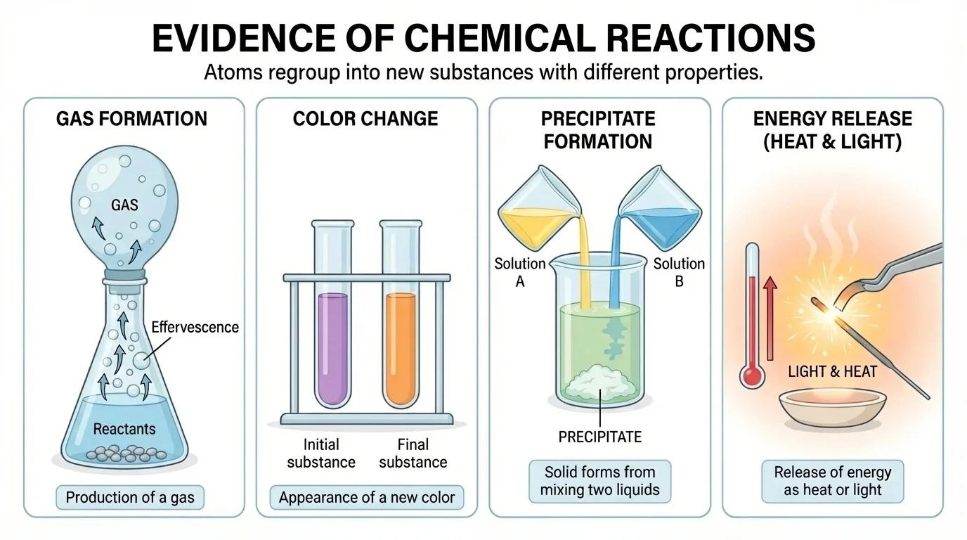 Four-panel chart showing chemical reaction evidence: bubbling gas, solid precipitate forming in a beaker, color change, and heat/light being released