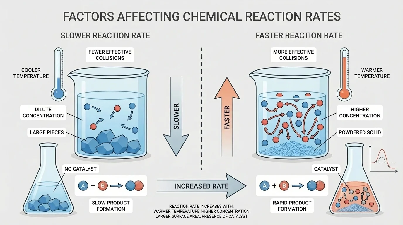 Comparison of reaction conditions showing warmer temperature, higher concentration, powdered solid, and catalyst leading to faster reaction rate than cooler, dilute, large-piece conditions