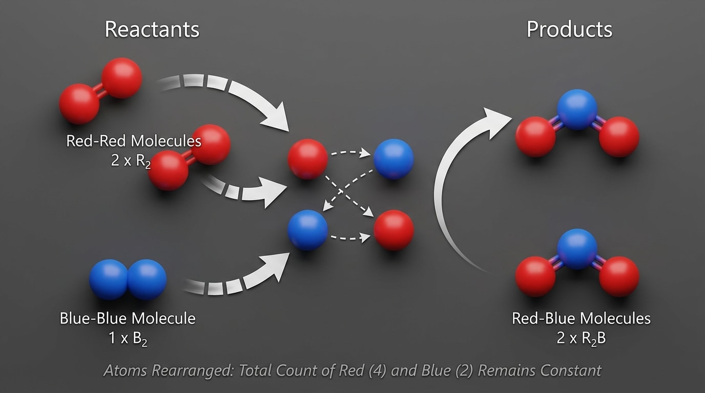 Simple particle-level sketch showing atoms as colored circles. Left side: two types of molecules (e.g., red-red and blue-blue) labeled “Reactants.” Right side: new molecules (red-blue) labeled “Products.” Arrows between sides show atoms rearranging but total number of each color stays the same.