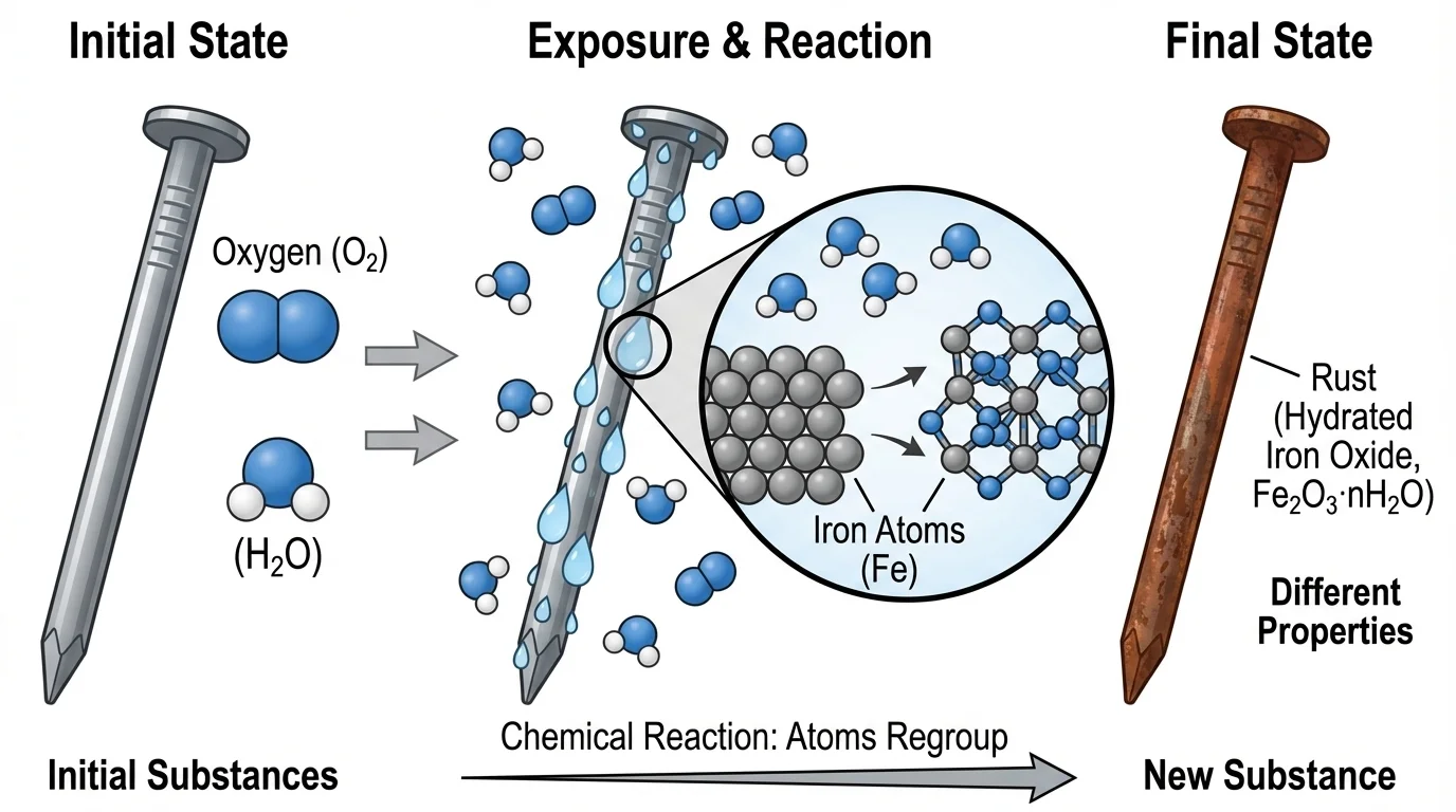 Sequence of an iron nail changing from shiny metal to reddish-brown rust in the presence of oxygen and water droplets