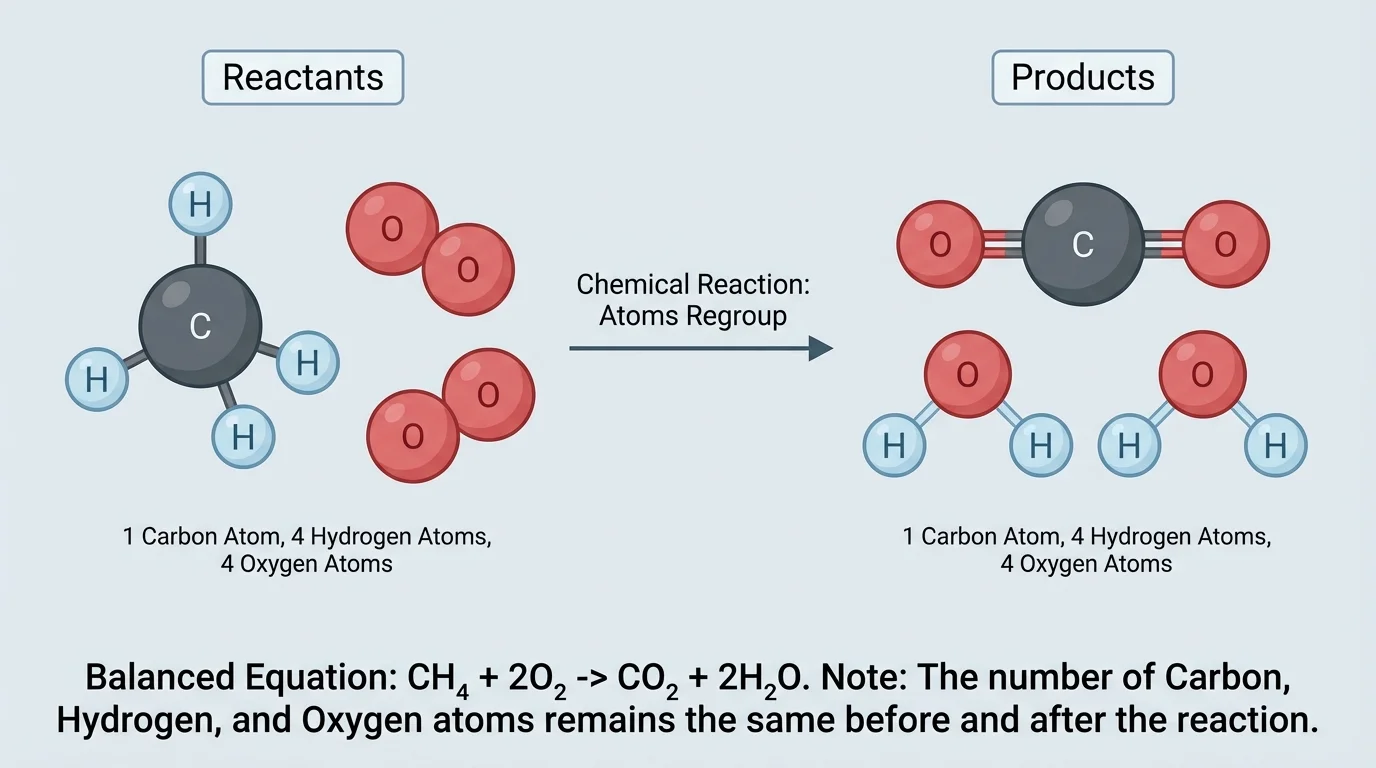 Particle model of the balanced equation CH4 + 2O2 -> CO2 + 2H2O, showing equal counts of carbon, hydrogen, and oxygen atoms before and after